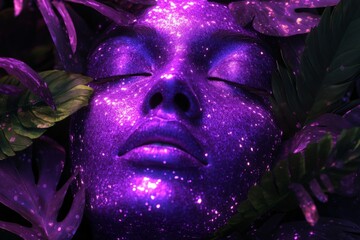 Poster - Creative portrait of a person with purple galaxy face paint surrounded by lush green leaves