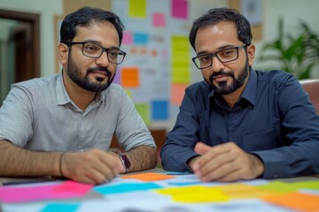 Poster - Collaboration between two men working on creative design projects in a modern office environment