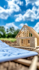 Poster - Miniature wood house model resting on dusty construction site near blueprints, wooden planks against sunny blue sky landscape