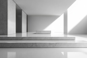 Poster - Modern minimalist interior showcasing geometric shapes and natural light in a spacious exhibition area