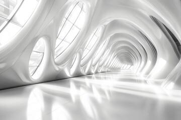 Poster - Modern architectural design featuring a sleek, white corridor with unique oval windows and bright lighting