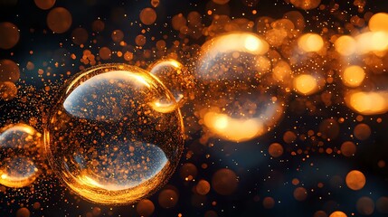 Poster - Glowing transparent bubbles float in dark space surrounded by magical golden bokeh particles and light effects creating dreamy atmospheric background.