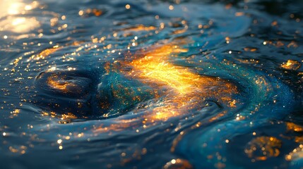 Poster - Swirling water surface with golden sunlight reflections creating magical abstract patterns. Macro photography captures dancing light and liquid motion in deep blue tones.