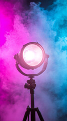 Poster - Colorful smoke illuminated by professional spotlight, revealing dramatic lighting effects in dark studio environment