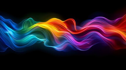 Poster - Vibrant rainbow colored smoke waves flowing horizontally on black background creating dynamic abstract light effect pattern for creative design projects.