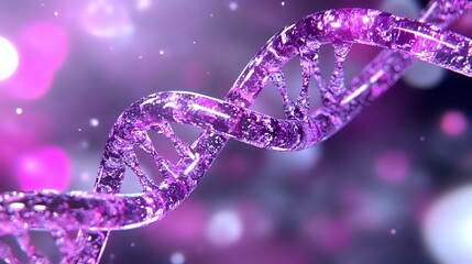 Poster - glowing purple dna strand with crystalline structure on blurred bokeh background, molecular biology 