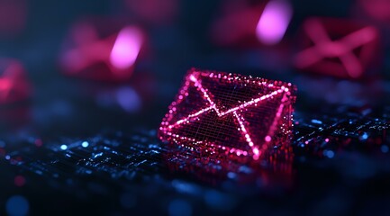 Poster - Glowing pink neon envelope icon on dark background with bokeh lights and sparkles, representing digital communication and email marketing concept.
