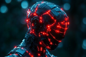 Poster - Futuristic robotic figure illuminated with red lights in a dark forest setting at night