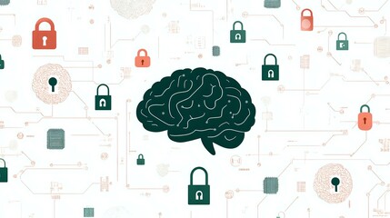Poster - Brain with padlocks and circuit patterns on white background representing cybersecurity, artificial intelligence, and digital mind protection concepts.