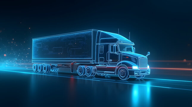 Concept of smart logistics and fleet management. A holographic modern truck with a cargo container, set against a dark background enhanced by digital connections and blue light effects
