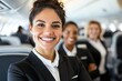 © Milos - A close-up of a smiling flight attendant in an airplane cabin, radiating warmth and friendliness that enhances the travel experience for passengers in their seats.