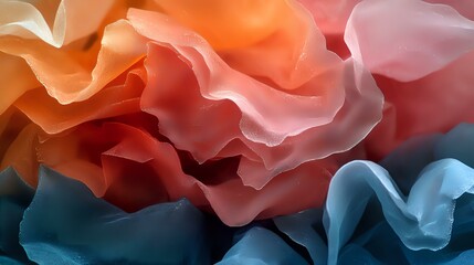 Poster - Ethereal flowing fabric in coral pink and deep teal creates dramatic waves and folds, capturing movement and light in contrasting soft and dark tones. Abstract art background.
