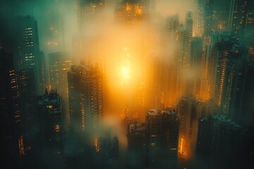 Poster - Mysterious glow emerges from foggy skyscrapers at night in a vibrant urban setting