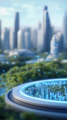 Poster - Holographic projection of a sustainable city on a futuristic circular platform, showcasing innovative urban development and ecological integration