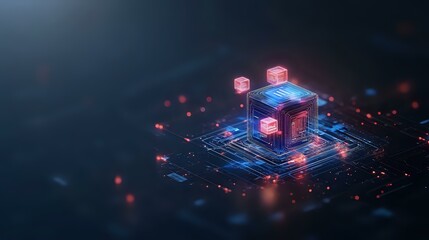Poster - Glowing digital cube with circuit paths and connected nodes floating in dark space, neon blue and red light effects create futuristic technology concept.