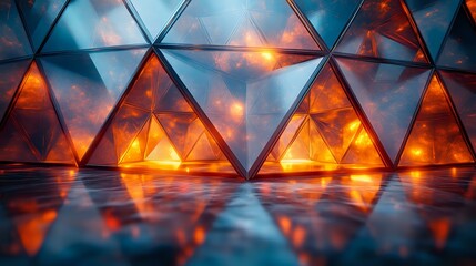 Poster - Glowing triangular geometric pattern with orange light and blue reflections creates dramatic modern architectural backdrop for technology presentations.