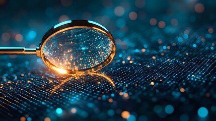Poster - magnifying glass examining glowing digital circuit pattern with blue bokeh lights and golden reflect