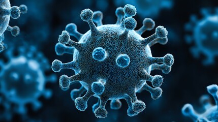 Poster - Microscopic view of coronavirus cell structure in glowing blue against dark background showing detailed spike proteins and viral membrane surface.