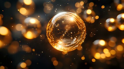 Poster - Glowing golden sphere floating in dark space with magical bokeh lights and sparkles. Mystical orb radiates warm light against blurred background. Suitable for fantasy designs.