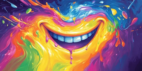 Poster - A large smiling face is painted with vibrant colors and splashes