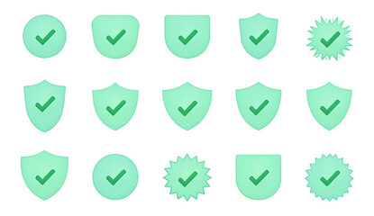 Aufkleber - Set of green and blue checkmark icons in various shapes: square, circle, shield, and starburst. Checkmark icons for approval, validation, and confirmation on white background