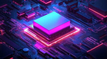 Poster - Abstract Neon Glow Circuit Board Technology Digital Art Futuristic Purple Blue Pink Vibrant Color Background Modern Design Computer Chip Processor    