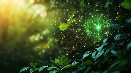 Poster - Luminous Green Nature Network Abstract Background Digital Art Eco Friendly Technology Shiny Green Leaves Environmental Conservation Sustainable Future