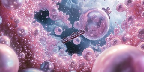Poster - A spacecraft flies among spheres in a dreamy space scene