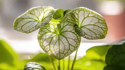 Wall Mural - Houseplant with Silver Veins close-up on windowsill for indoor greenery or natural light concept
