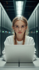 Poster - Young female IT specialist working diligently on a laptop in a modern server room, surrounded by advanced technology in a data center