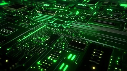 Poster - Abstract Green Circuit Board Technology Background Digital Design Futuristic Electronic Innovation HighTech Microchip Network Pattern Modern          