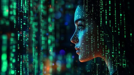 Poster - Woman Profile Digital Art Green Code Technology Futuristic Abstract Background Modern Design Elegant Female Portrait Innovative AI Artificial         
