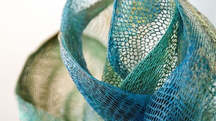 Closeup detail of coiled blue and green nets with strong contrast, emphasizing the mesh's complex structure