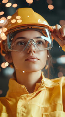 Aufkleber - Young woman engineer wearing protective workwear adjusting her hardhat in a factory with sparks flying in the background