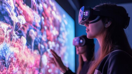 Poster - young women exploring immersive virtual reality digital world futuristic technology interactive expe