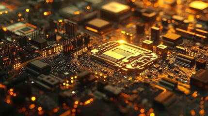 Poster - Golden Computer Motherboard Closeup Detailed Technology Circuitry Advanced Digital Hardware Modern Electronic Components Powerful Processor Integrated