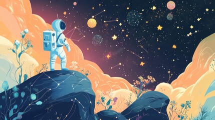 Wall Mural - an astronaut looking out over a colorful landscape and the cosmos