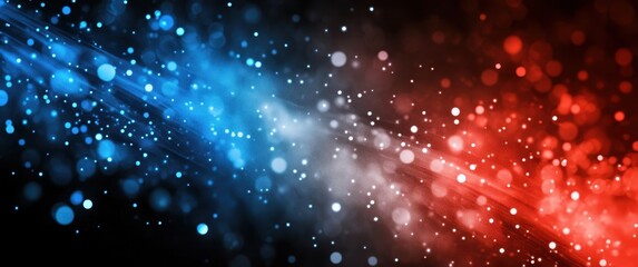 Poster - Abstract Background with Blue and Red Particles, Glitter Effect, Light Rays, Bokeh Texture, and Dark Space for Creative and Artistic Designs
