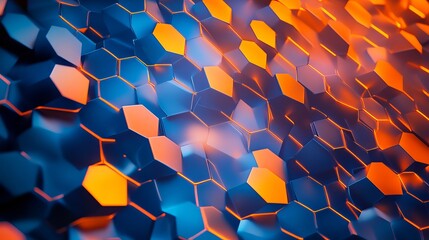 Poster - Abstract Hexagon Pattern Blue Orange Gradient Modern Digital Art Background Design Technology Futuristic Geometric Shapes 3D Render Illustration      