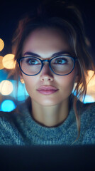 Poster - young woman wearing eyeglasses working late at night using laptop computer, bokeh lights in backgrou