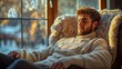 © diowcnx - Candid image of a comfortable caucasian man sitting in a soft chair showcasing the perfect blend of relaxation and stylish furniture for a serene atmosphere.