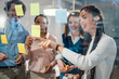 © Zamrznuti tonovi - Business team brainstorming and planning with sticky notes on glass wall in office