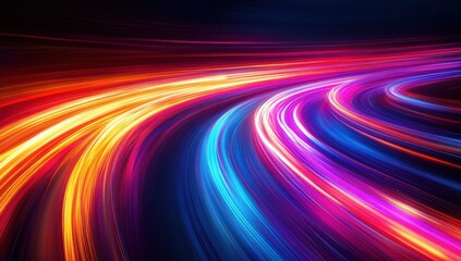 Poster - Abstract colorful light trails forming dynamic patterns against a dark background representing motion, speed, and energy in an artistic design
