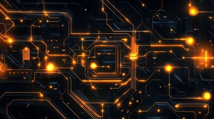 Poster - Abstract Orange Circuit Board Technology Background Digital Art Futuristic Neon Glowing Lines Pattern Design Modern Network Graphic Illustration High 