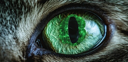 Poster - Close-up of a cat's face with the bitcoin symbol visible in its eyes