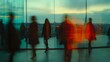 © AI04 - A long exposure photograph captures the fast-paced movement of business people walking through a bright office lobby with a blurry effect, classified as Stock