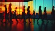 © AI04 - Image of a crowd of business people quickly walking through a bright office lobby in a long exposure shot with blurry motion, labeled as Stock