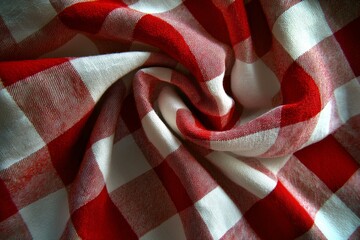 Poster - The texture of linen fabric features a large cell pattern of red and white, reminiscent of Scottish tailoring material and checkered fabric