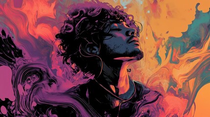 Wall Mural - a contemplative portrait depicts a man with vibrant colorful elements