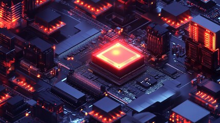 Poster - Abstract Red Glowing Circuit Board Technology Digital Art Background Futuristic High Tech Computer Microchip Electronic Design Innovation Modern      
